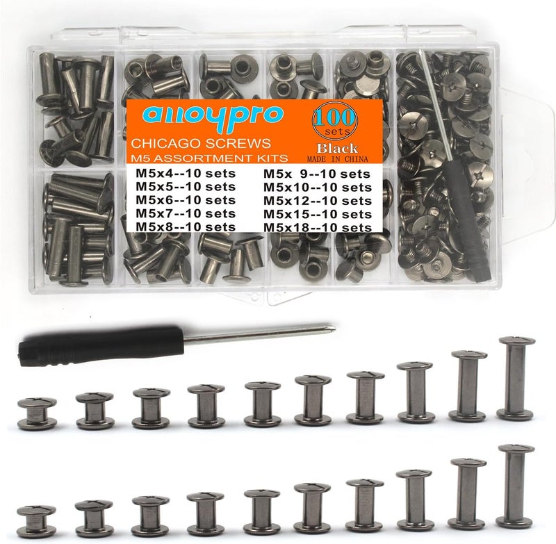 ALLOYPRO 100 Sets Chicago Screws with Screwdriver 3/16" Leather Rivets 10 Sizes Assorted Screw Rivets M5 Binding Screws for Decorate and Repair Leather Craft Belt Bookbinding Bag Shoes Purse Black - Image 1